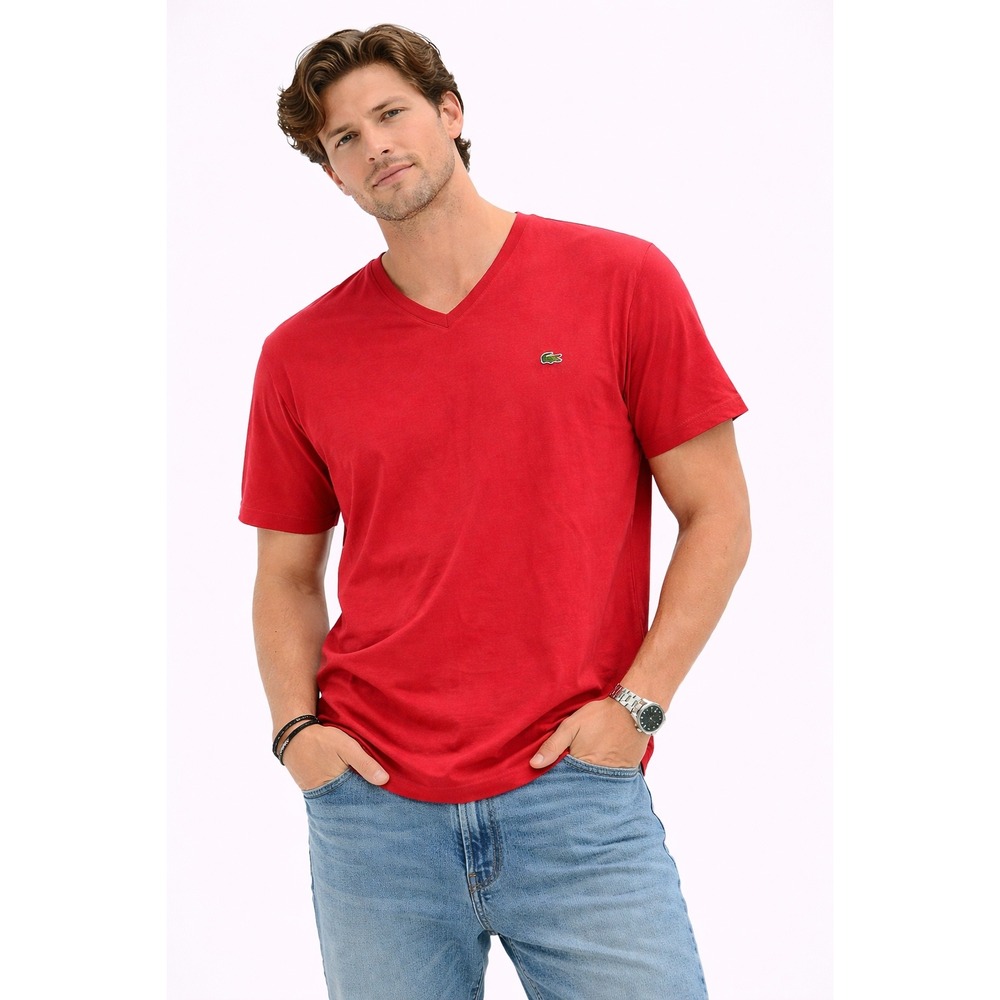 Lacoste V-Neck T-Shirt Mens XL Red Pima Cotton Regular Fit Short Sleeve Preppy